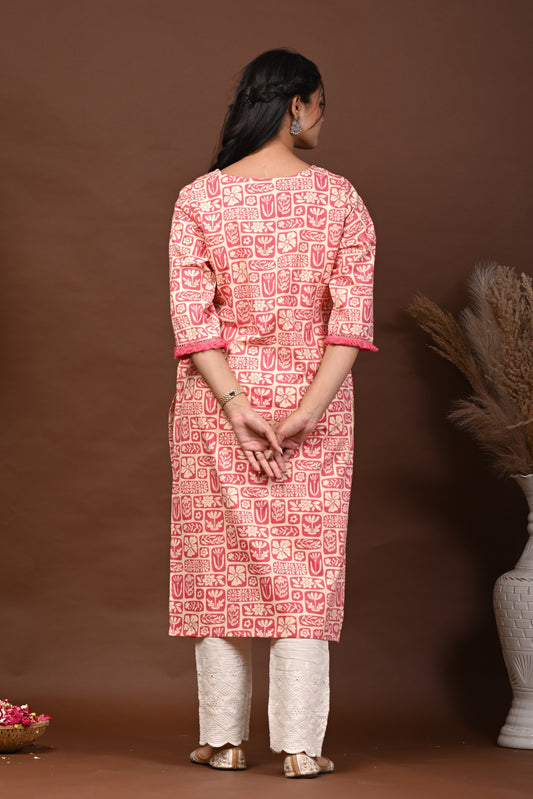 Rimeline Floral Screen Printed Notch Neck Pure Cotton Straight Kurta