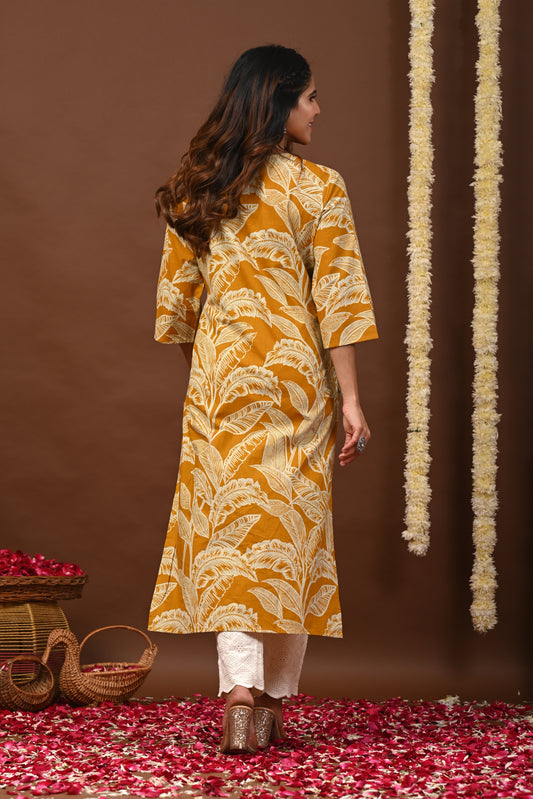 RimeLine Floral Printed Mustard V-Neck Straight Kurta