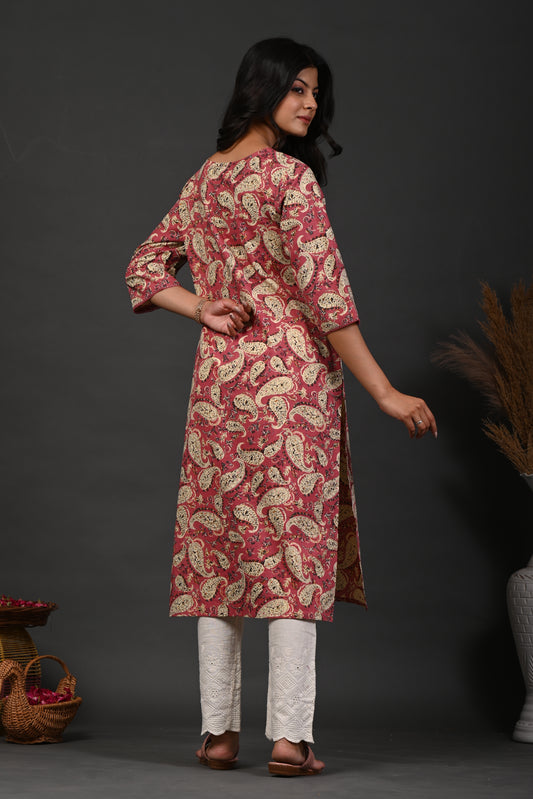 Rimeline Paisley Screen Printed Square Neck Pure Cotton Straight Kurta