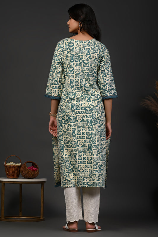 Rimeline Floral Printed Notch Neck Straight Kurta