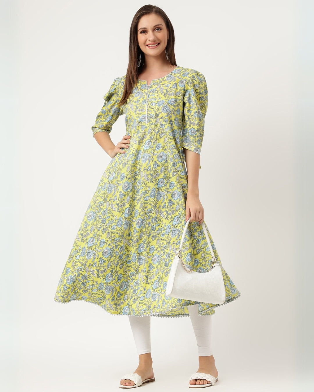 RimeLine Green Paisley Printed Round neck kurti For Women