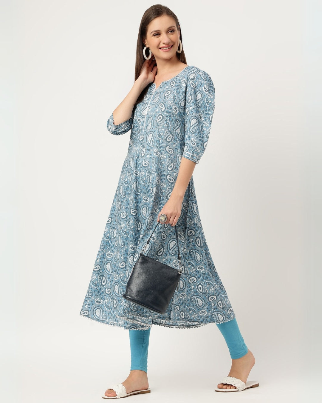 RimeLine blue Paisley printed Round neck kurti For Women