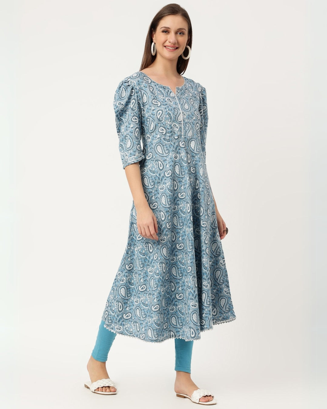 RimeLine blue Paisley printed Round neck kurti For Women