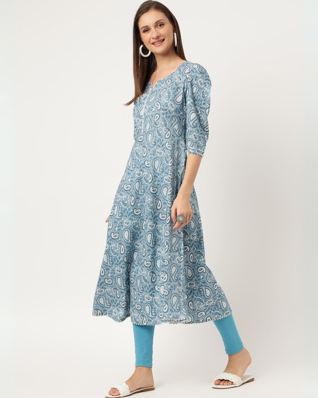RimeLine blue Paisley printed Round neck kurti For Women