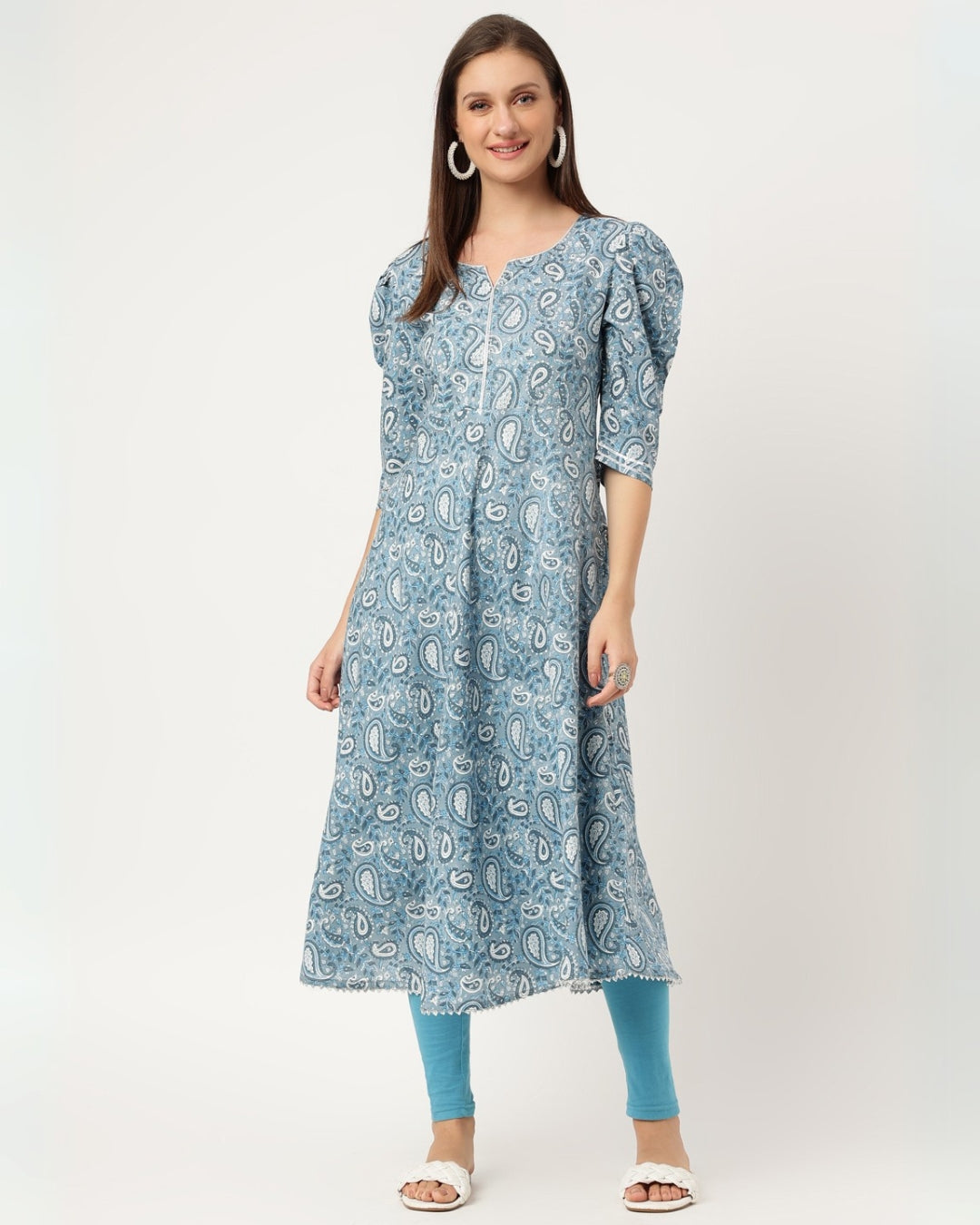 RimeLine blue Paisley printed Round neck kurti For Women