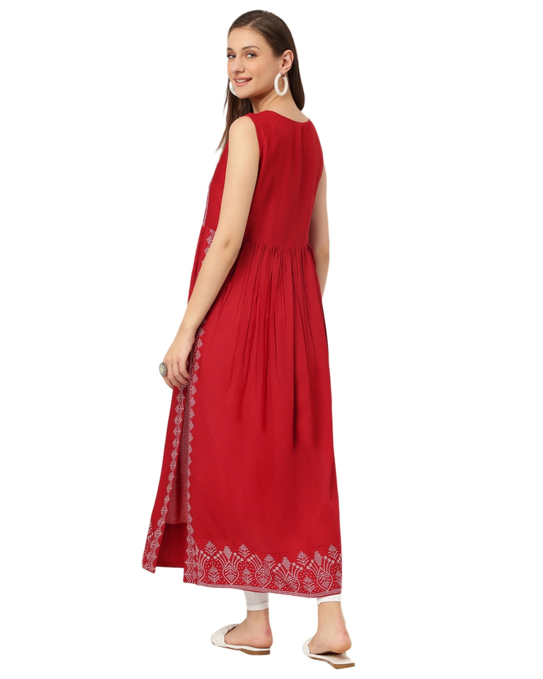 RimeLine Burgundy Ethnic motifs printed Round neck Kurti For Women