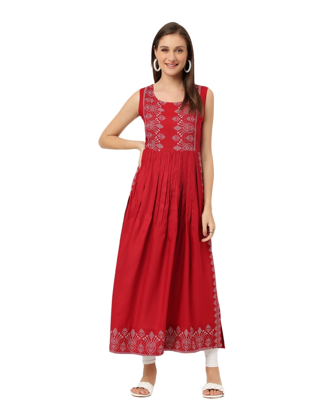 RimeLine Burgundy Ethnic motifs printed Round neck Kurti For Women
