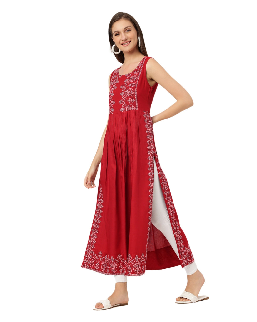 RimeLine Burgundy Ethnic motifs printed Round neck Kurti For Women