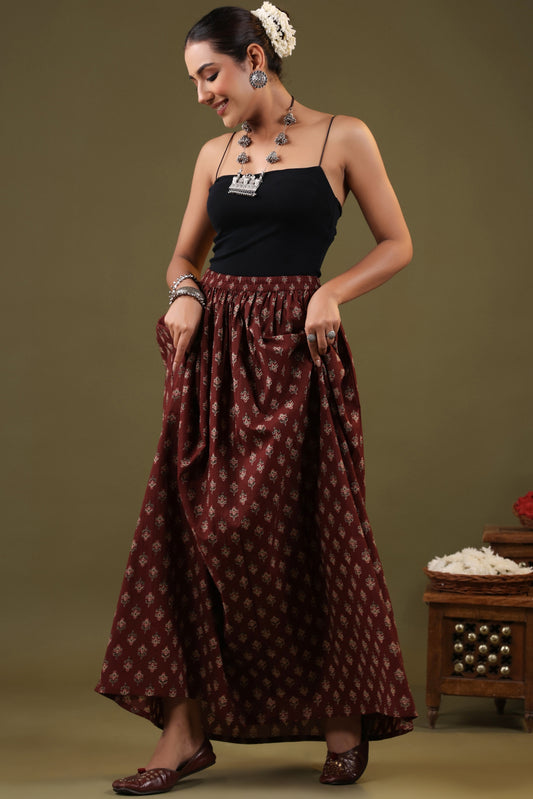 Rimeline Women Printed Pure Cotton Flared MaxiSkirt