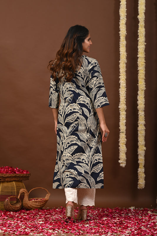 RimeLine Floral Printed Navy Blue V-Neck Straight Kurta