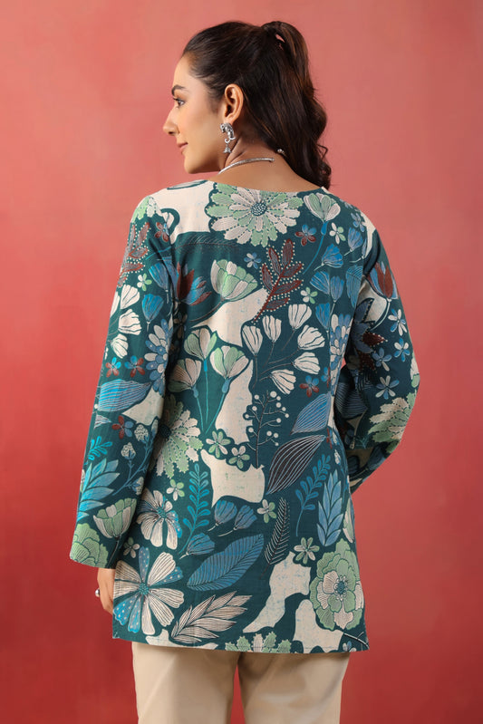 Rimeline Women Green Floral Printed V-Neck Cotton Short Kurti