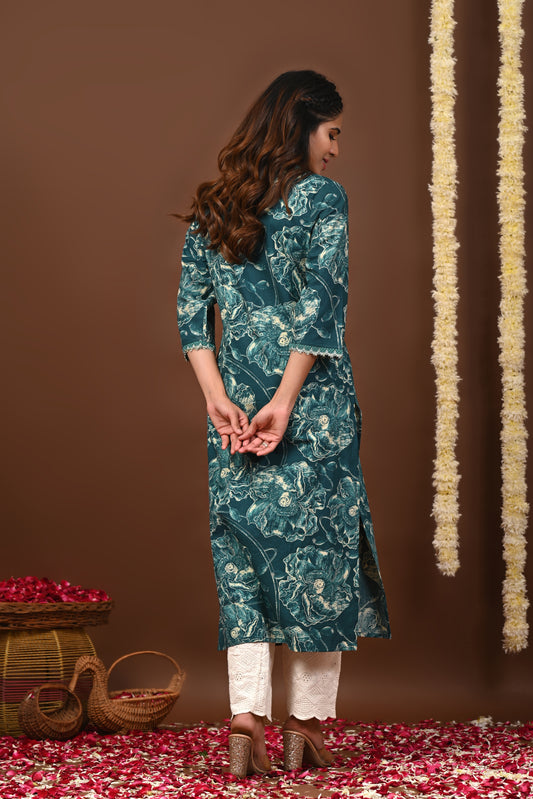 RimeLine Floral Printed Rama V-Neck Straight Kurta