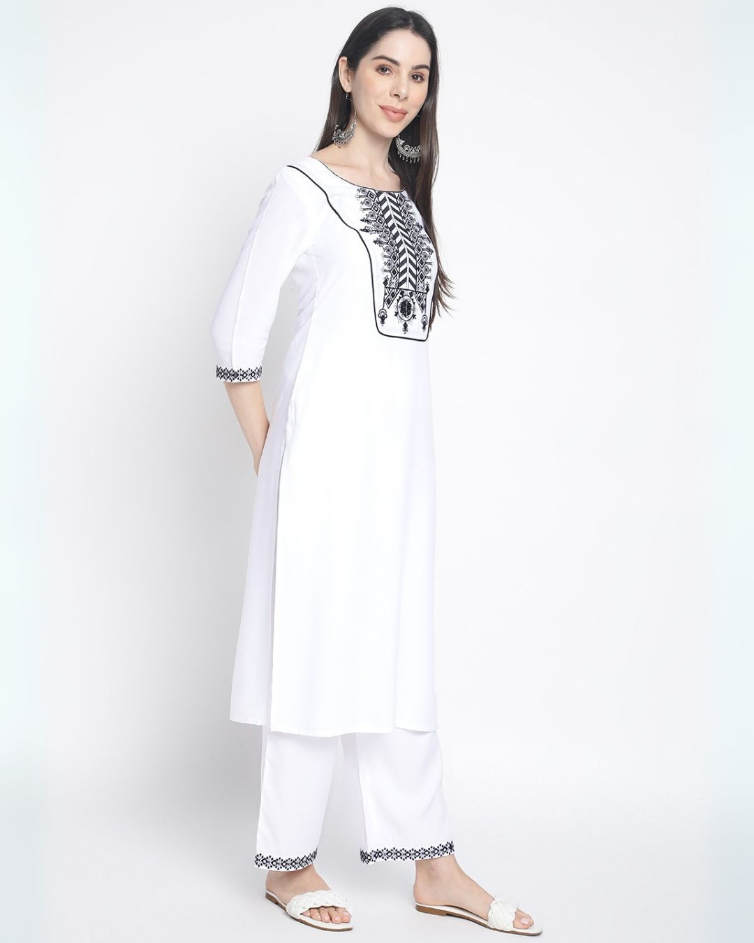 RimeLine Floral embroidered Straight shape Regular 3 pcs kurta dupatta pant set for women