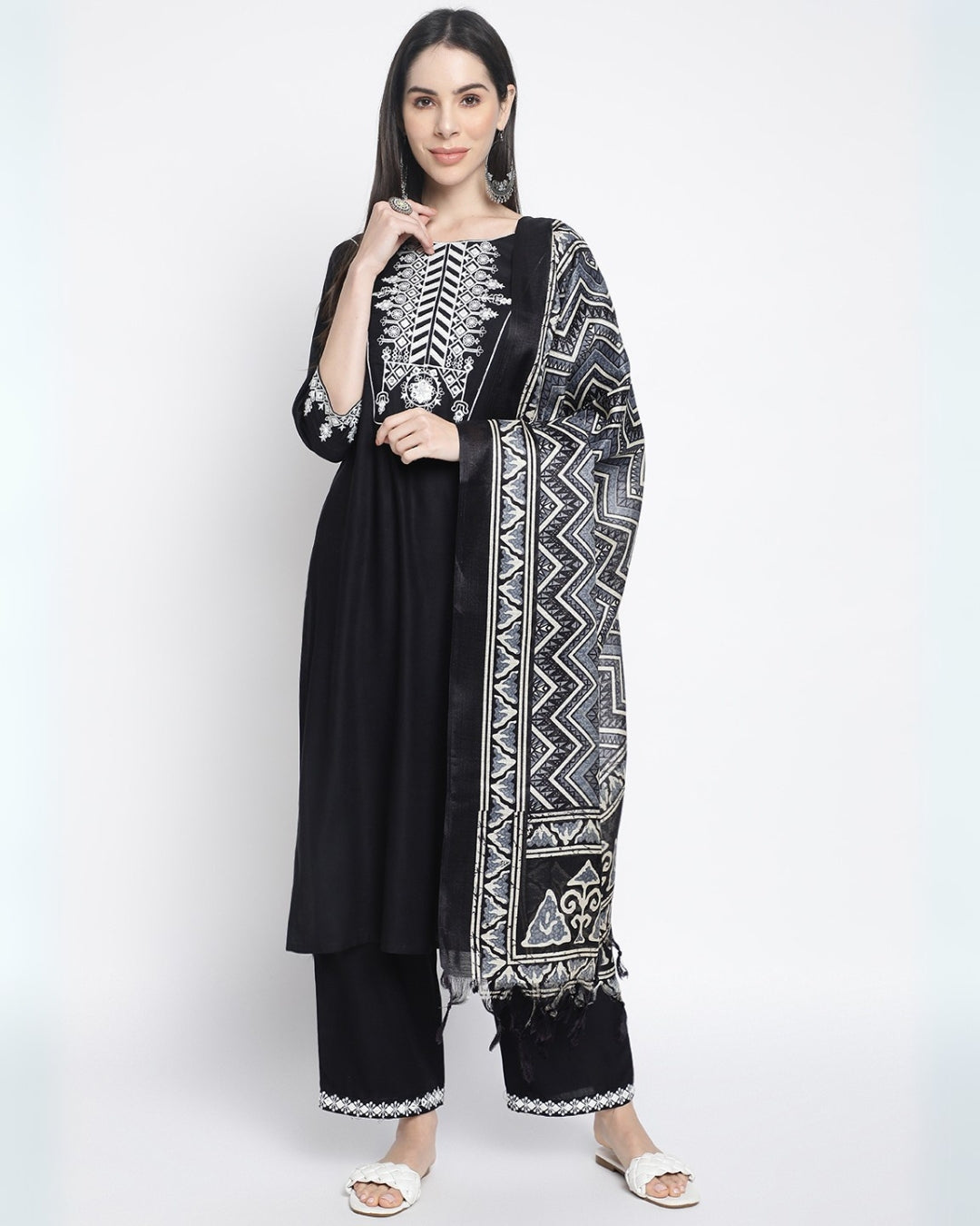 RimeLine Floral embroidered Straight shape Regular 3 pcs kurta dupatta pant set for women