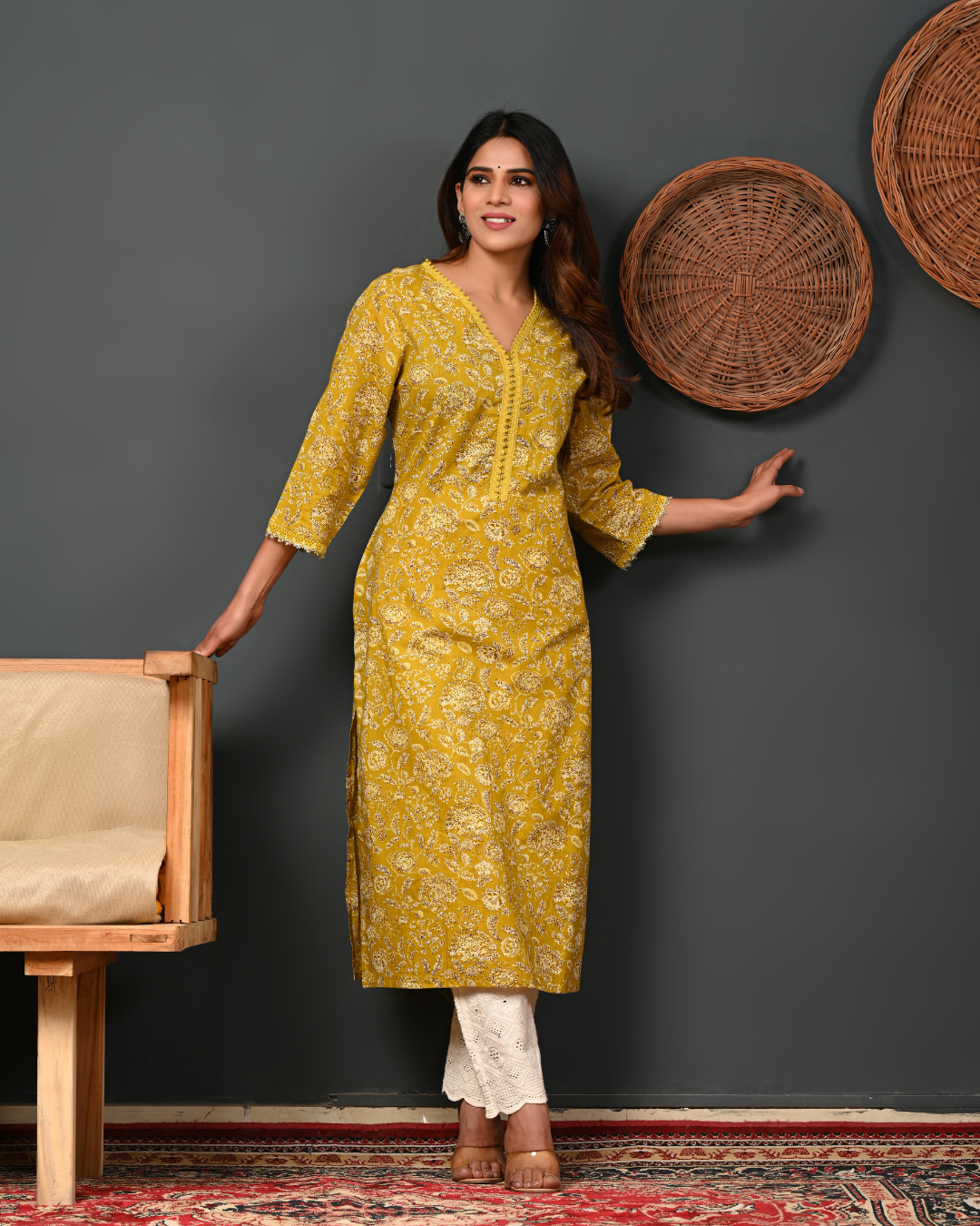 Floral Printed V-Neck Pure Cotton Straight Kurtas