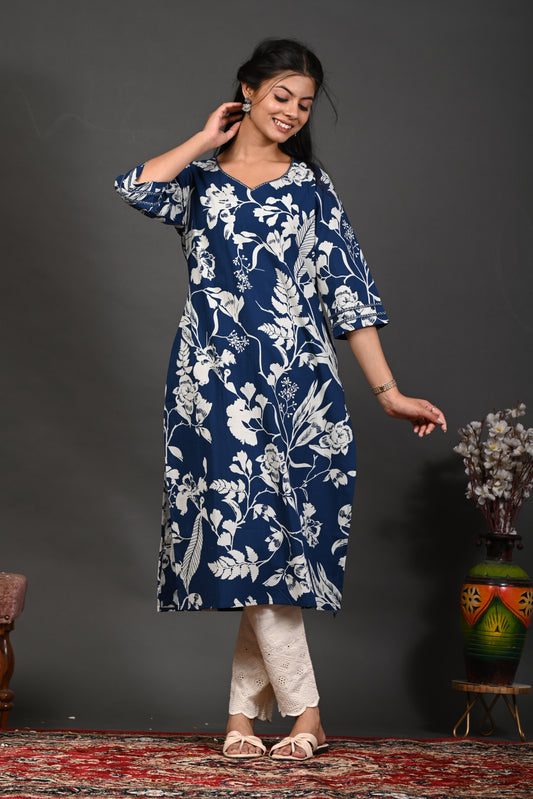 Rimeline Floral Screen Printed Sweetheart Neck Pure Cotton Straight Kurta