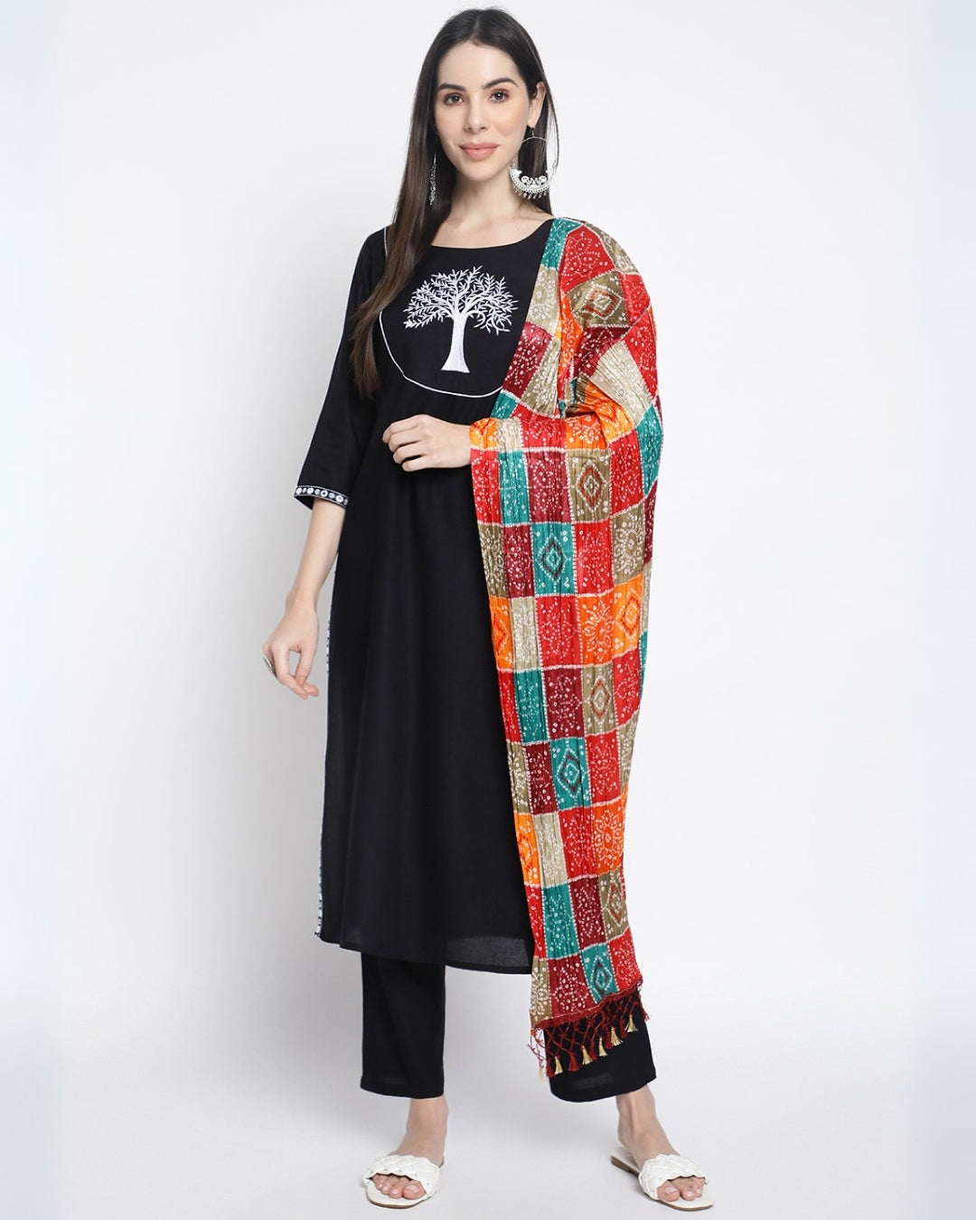 RimeLine Floral embroidered Straight shape Regular 3 pcs kurta dupatta pant set for women