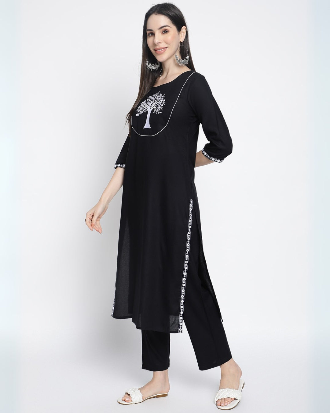 RimeLine Floral embroidered Straight shape Regular 3 pcs kurta dupatta pant set for women