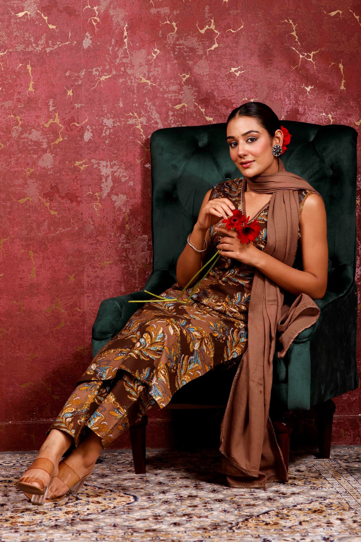 Rimeline Ethnic Motifs Printed V-Neck Pure Cotton Kurta With Trousers & Dupatta