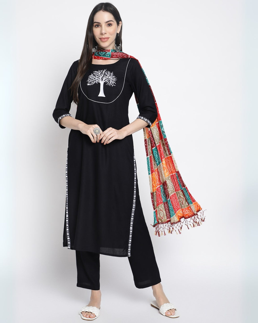 RimeLine Floral embroidered Straight shape Regular 3 pcs kurta dupatta pant set for women