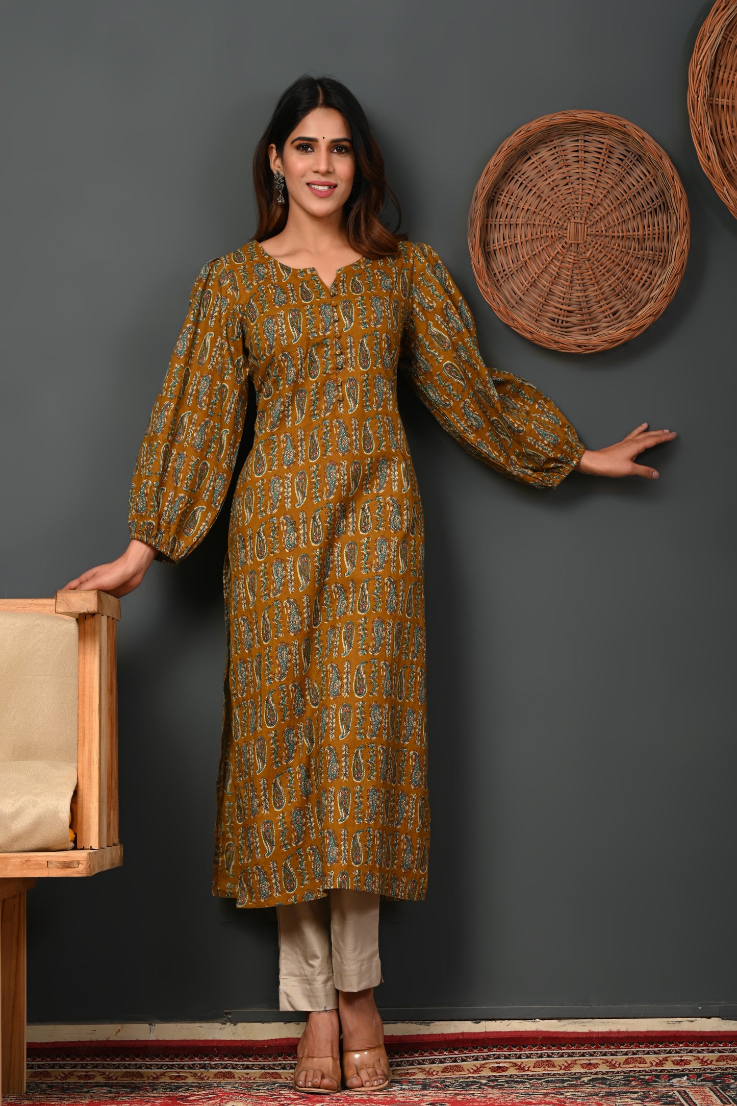 Rimeline Ethnic Motifs Printed Round Neck Puff Sleeves Pure Cotton Kurta
