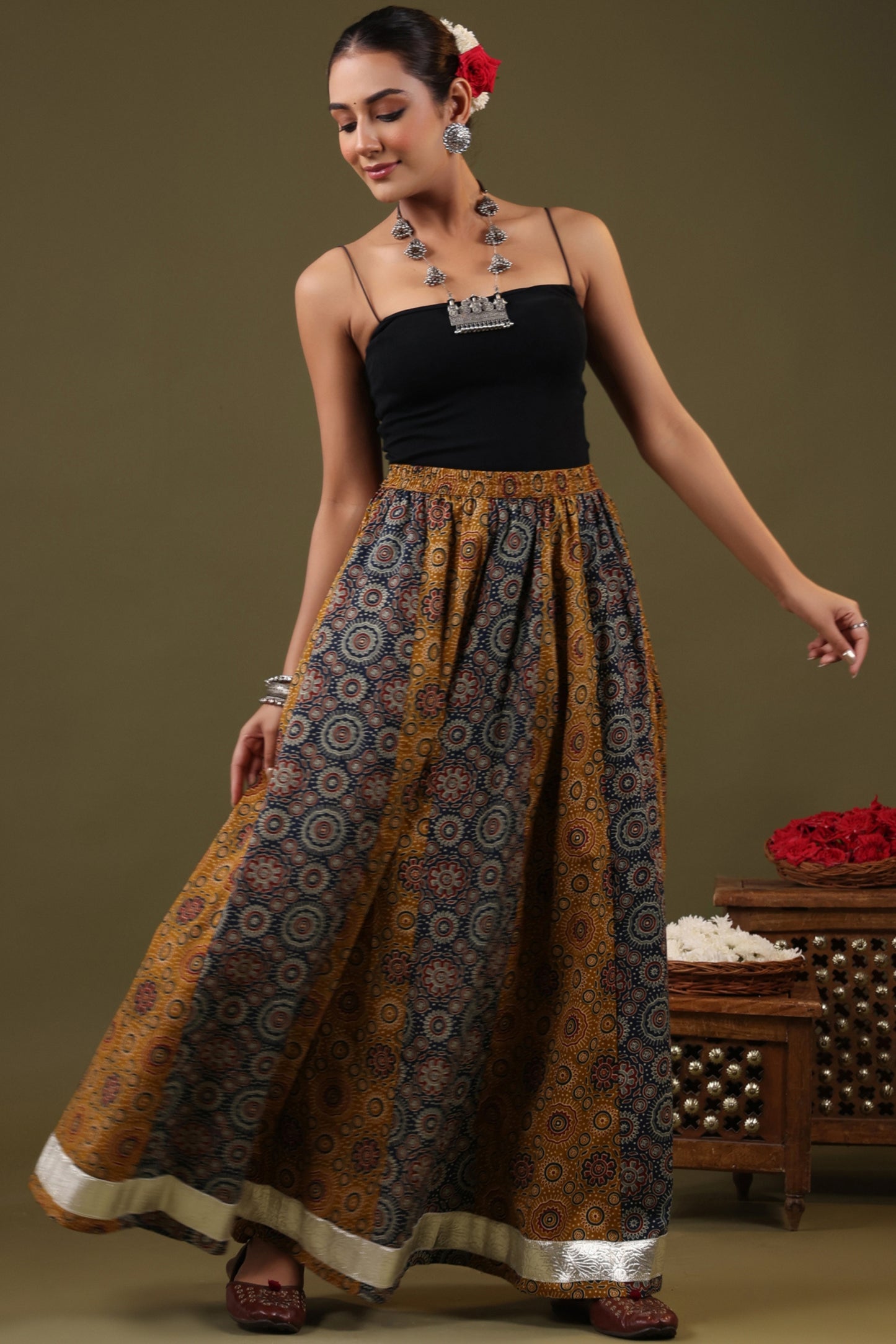 Rimeline Women Printed Pure Cotton Flared Maxi Skirt