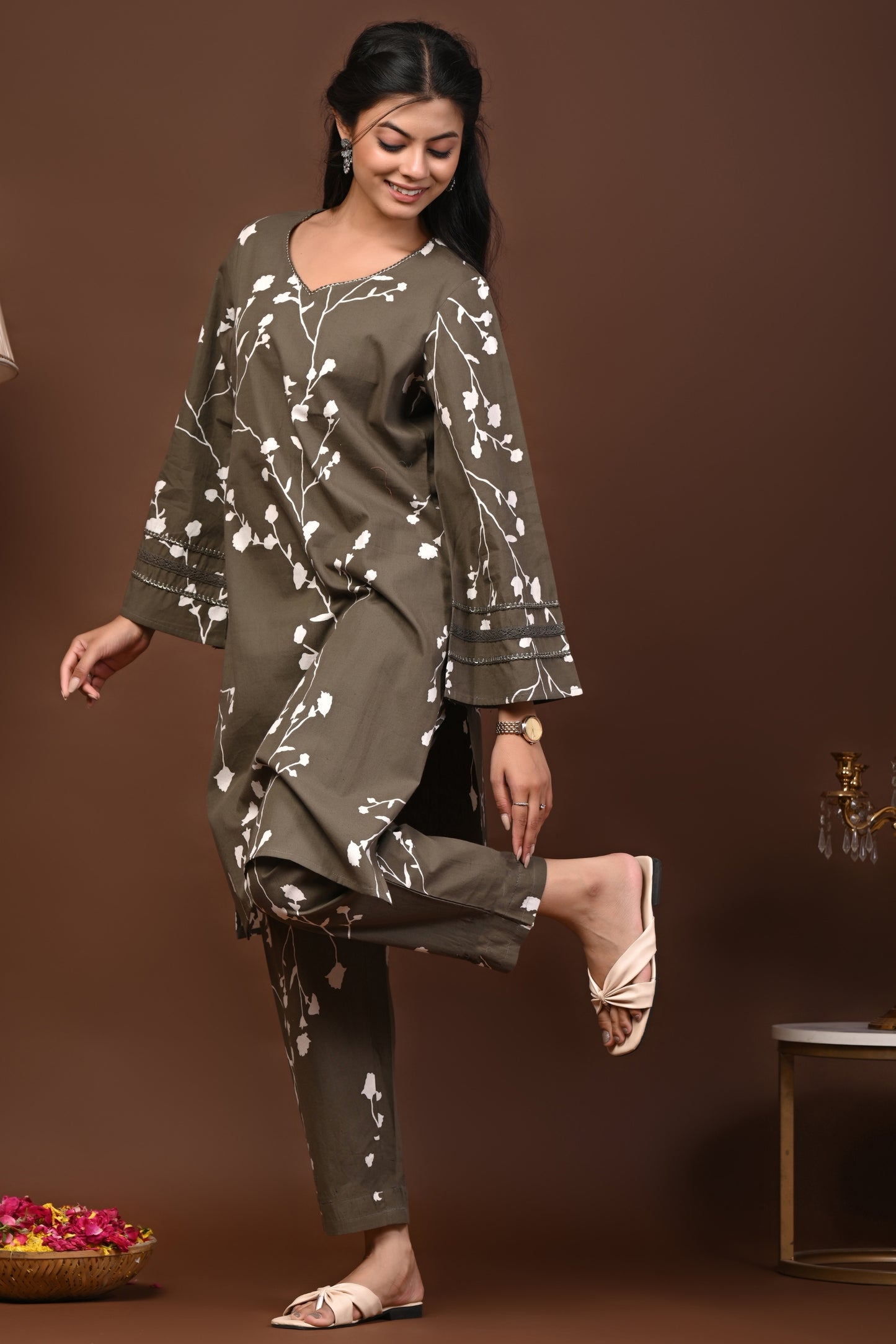 Rimeline Floral Printed V-Neck Flared Sleeves Pure Cotton Straight Kurta With Trouser