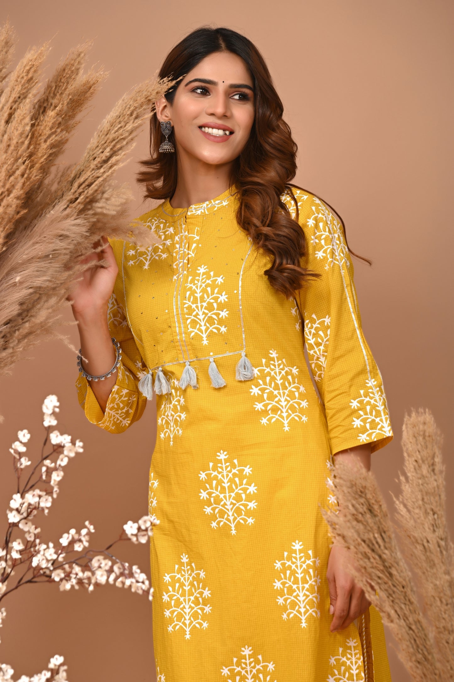 RimeLine Mesh Yellow Mandain Neck Kurti For Women