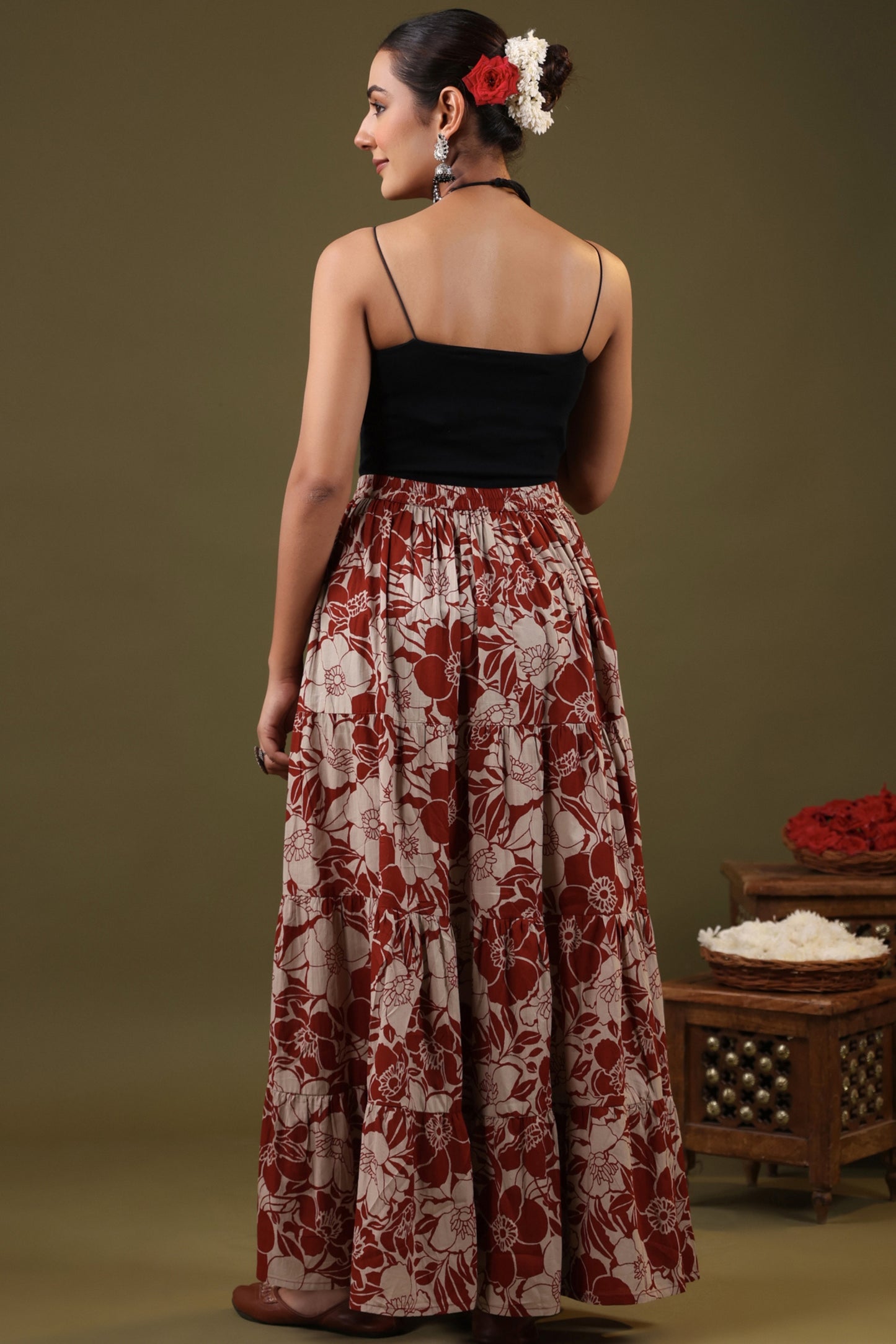 Rimeline Floral Printed Pure Cotton Flared Maxi Skirt