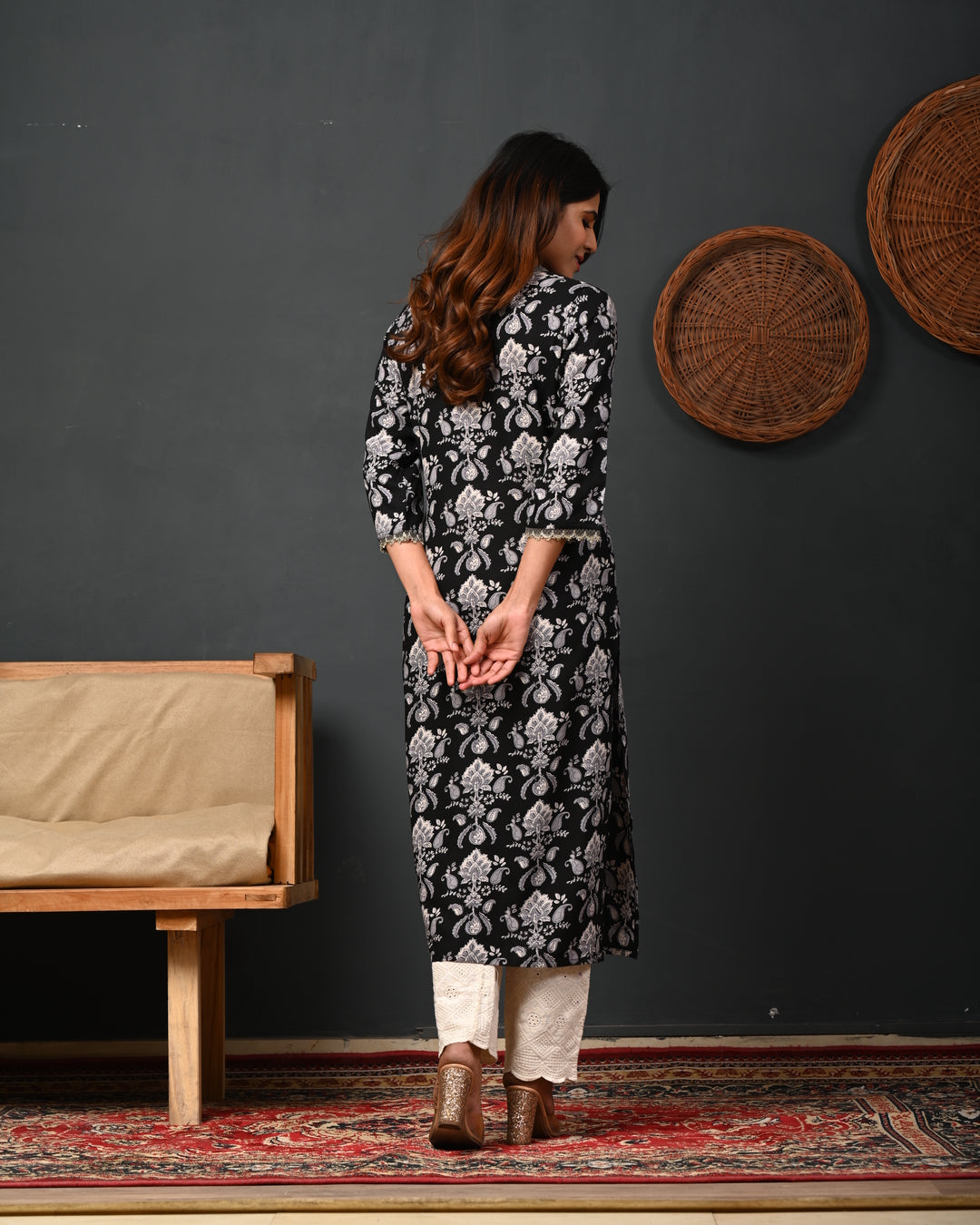RimeLine Black Printed Rayon V-Neck Kurti for women