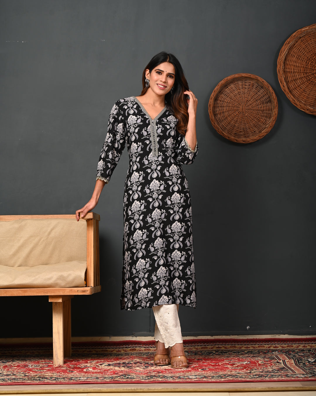 RimeLine Black Printed Rayon V-Neck Kurti for women