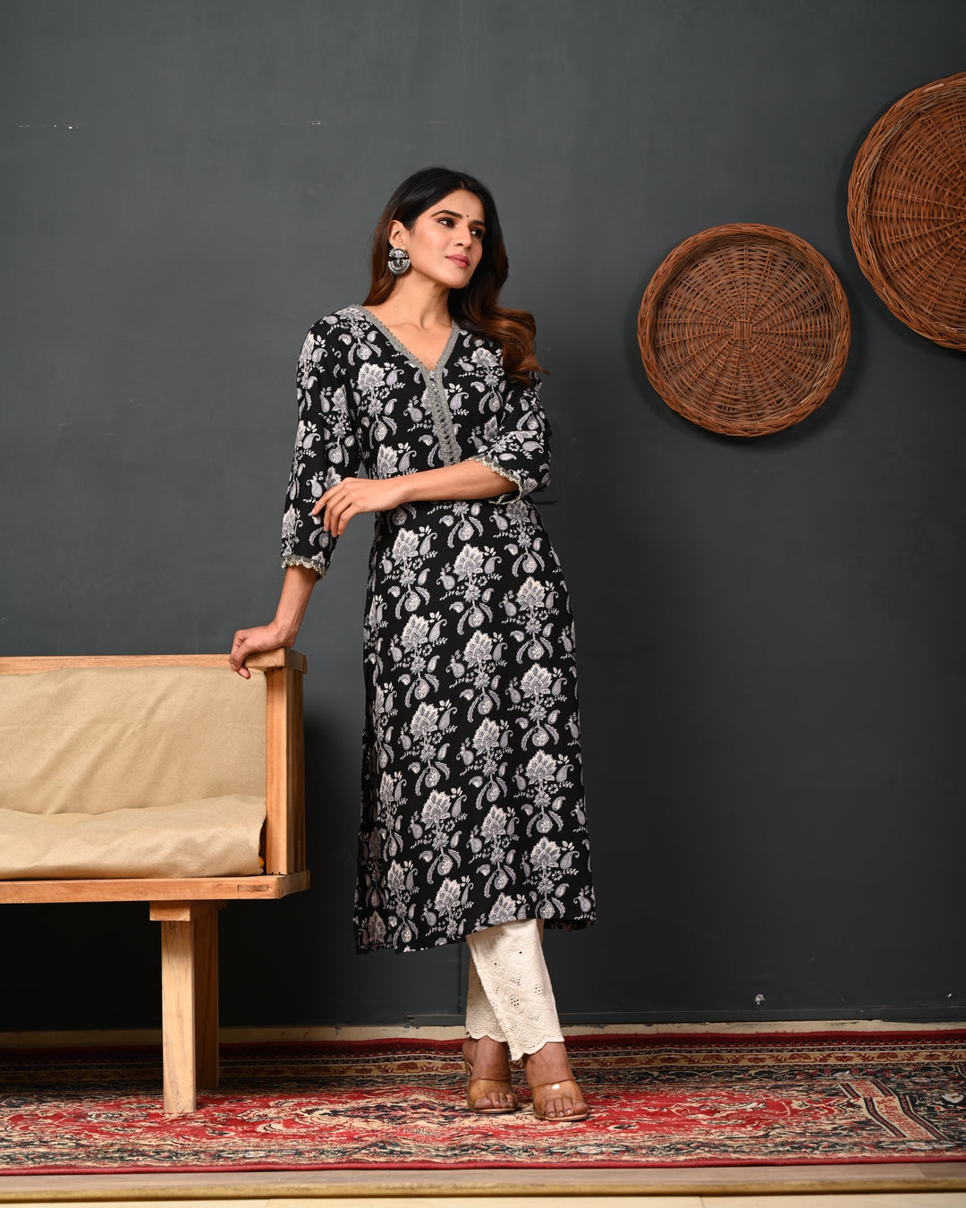 RimeLine Black Printed Rayon V-Neck Kurti for women