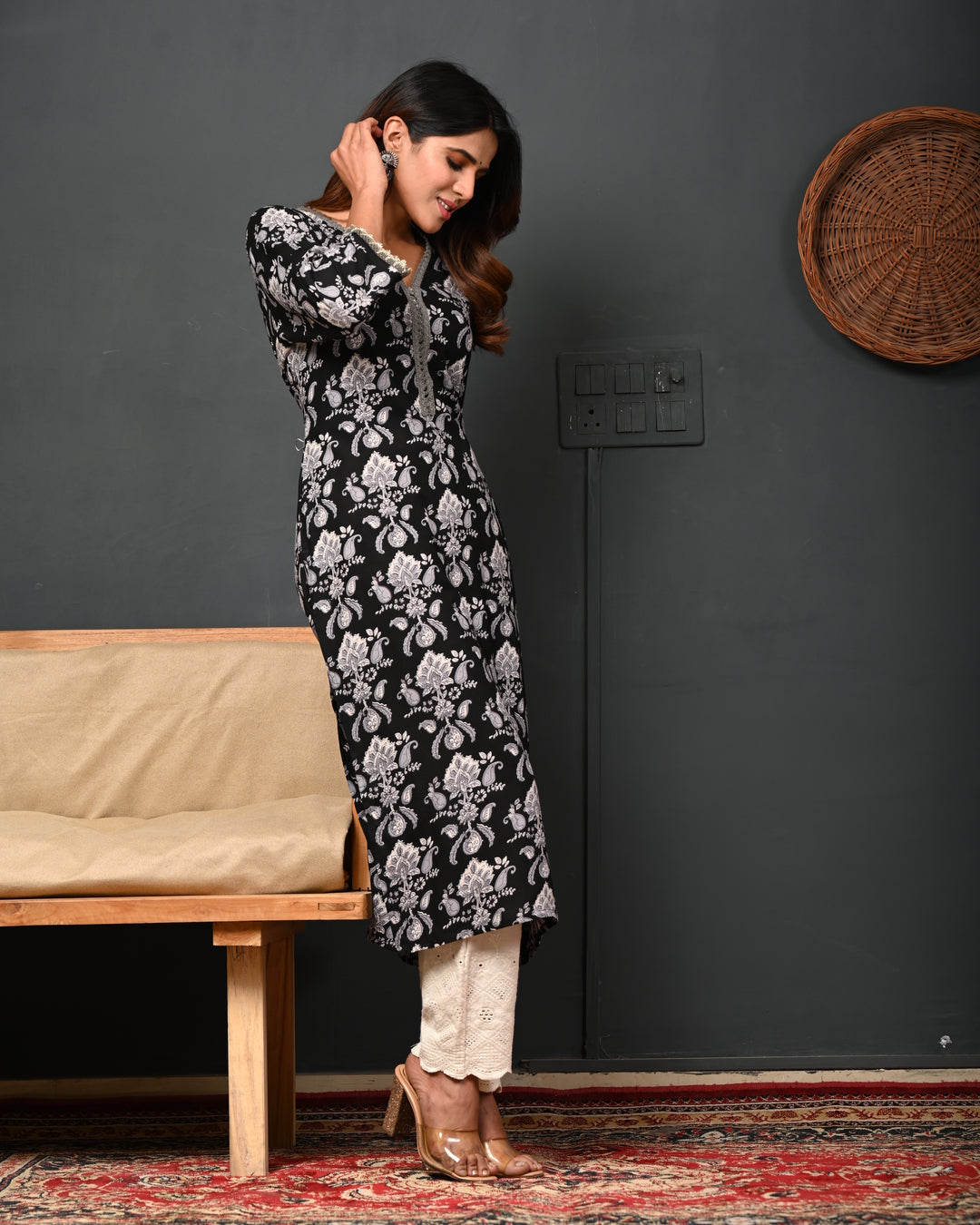 RimeLine Black Printed Rayon V-Neck Kurti for women