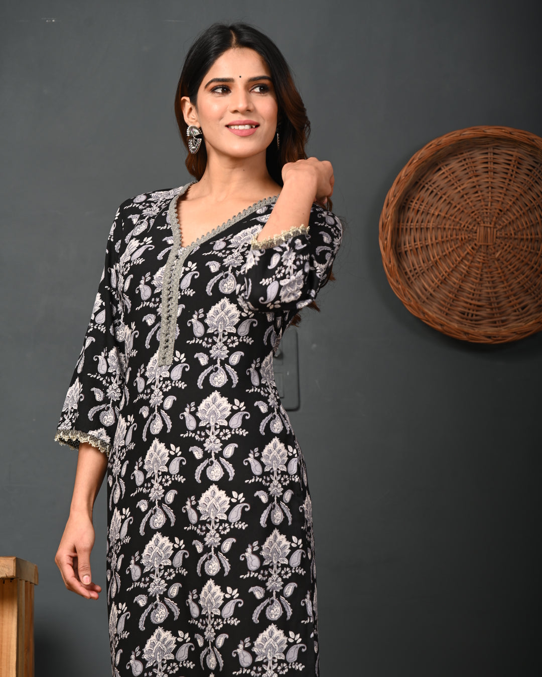 RimeLine Black Printed Rayon V-Neck Kurti for women