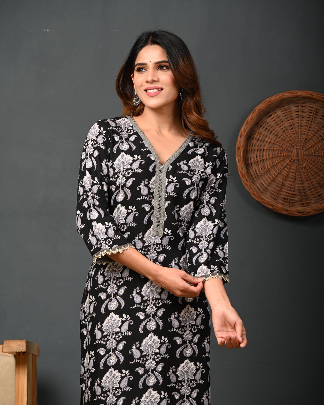 RimeLine Black Printed Rayon V-Neck Kurti for women