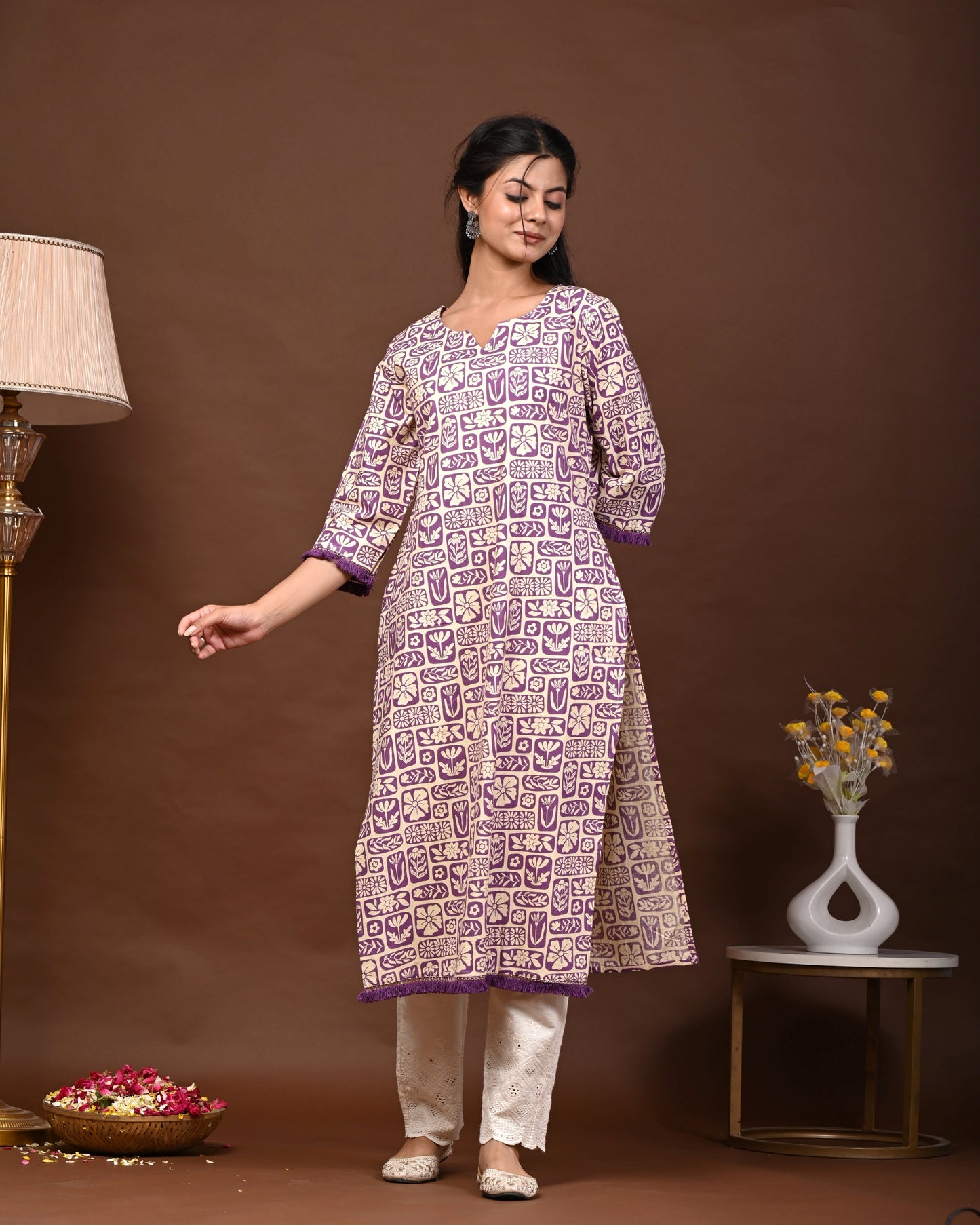 Rimeline Floral Screen Printed Notch Neck Pure Cotton Straight Kurta