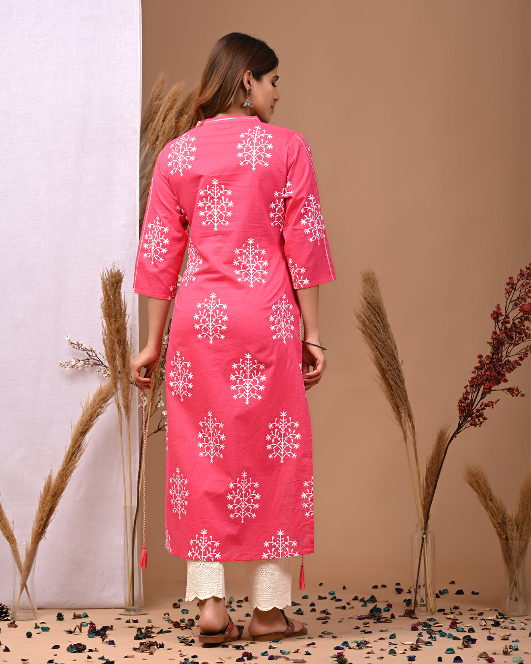 RimeLine Mesh Pink Mandain Neck Kurti For Women