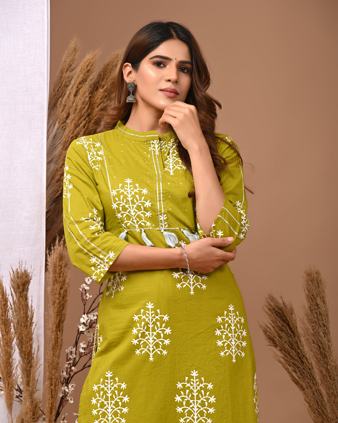 RimeLine Mesh Green Mandain Neck Kurti For Women