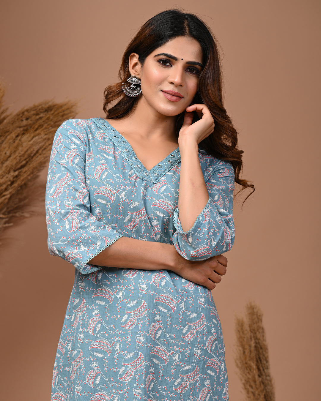 RimeLine Sea Green Ethnic Motifs Printed V-Neck Cotton Kurti