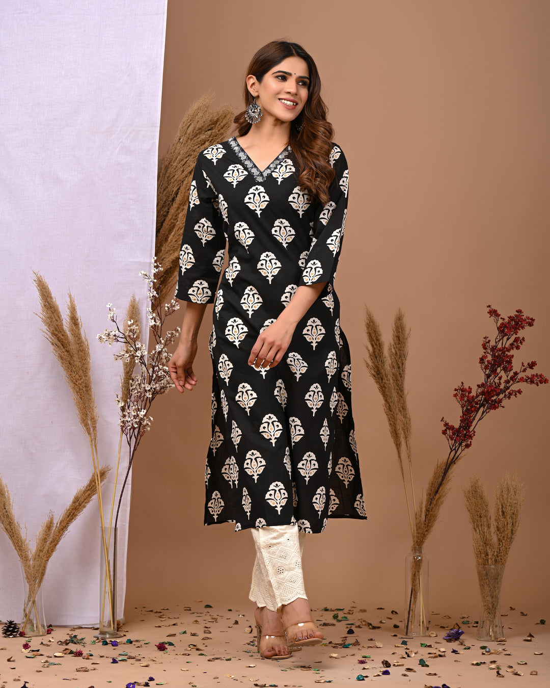 RimeLine Black Embroidered Printed V-Neck Kurti for Women
