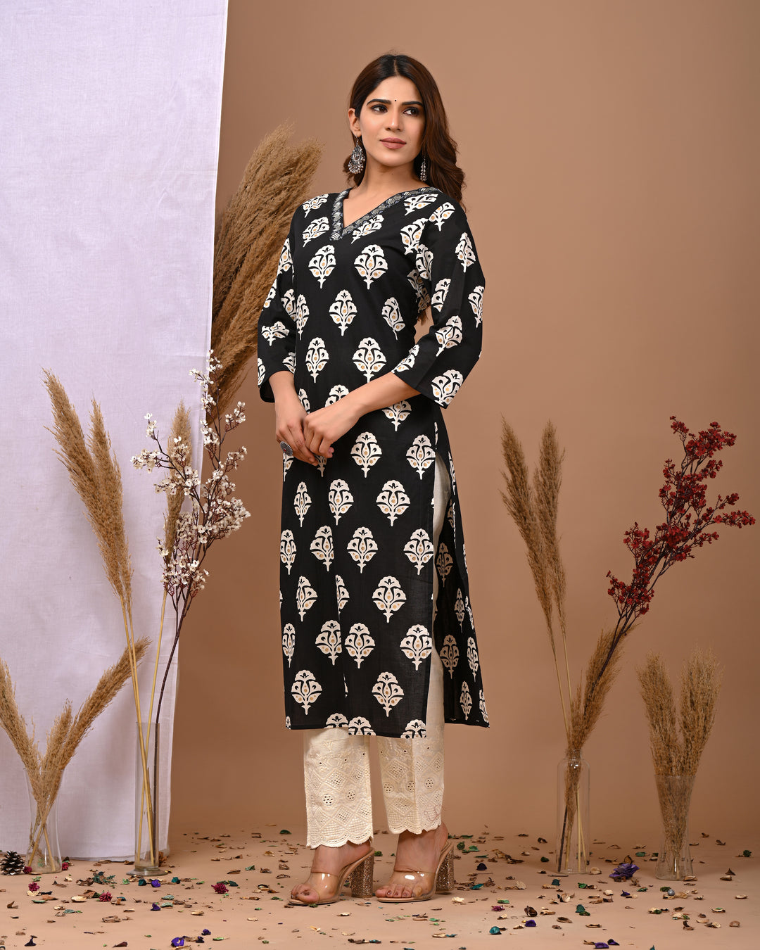 RimeLine Black Embroidered Printed V-Neck Kurti for Women