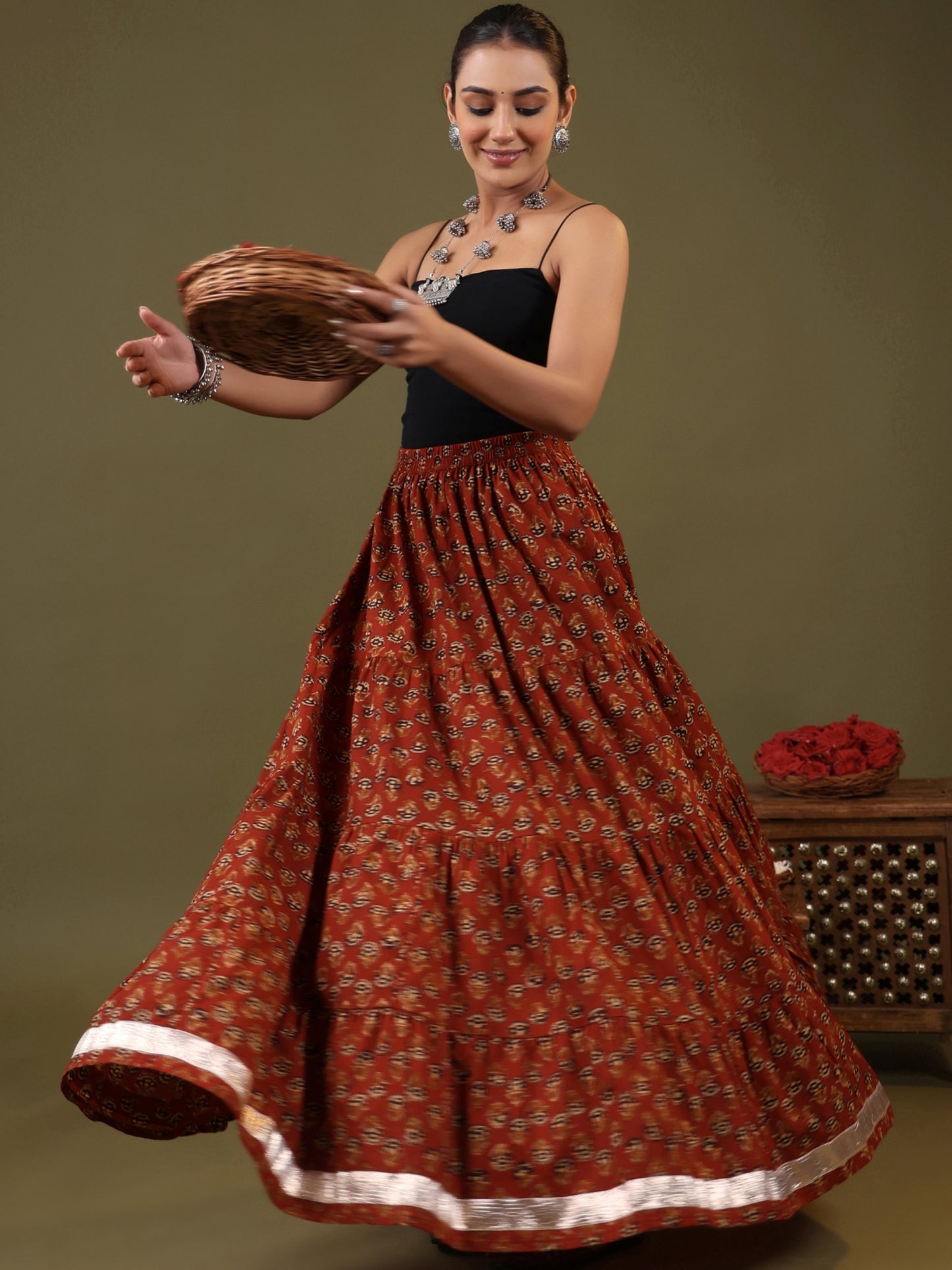 Rimeline Printed Pure Cotton Flared Tiered Maxi Skirt