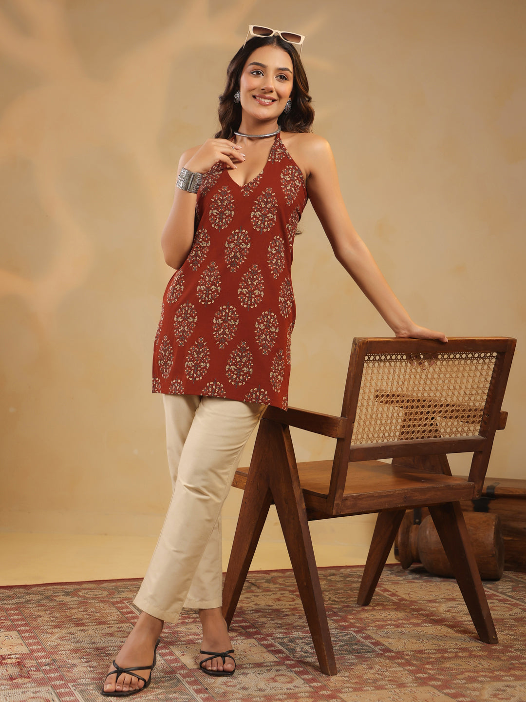 Rimeline Ethnic Motifs Printed Halter Neck Pure Cotton Kurti