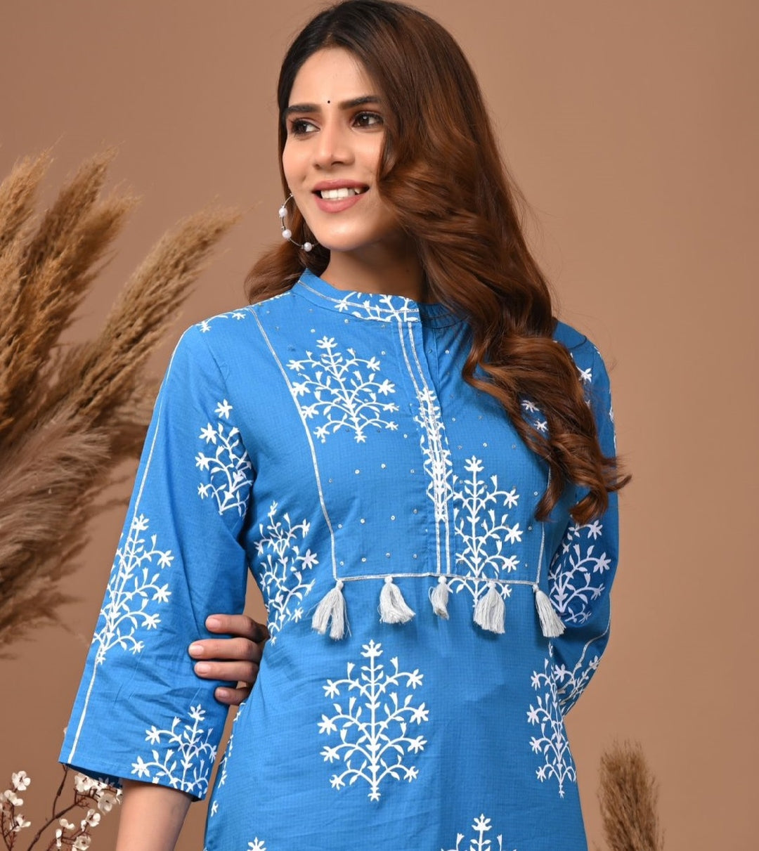 RimeLine Mesh Blue Mandain Neck Kurti For Women