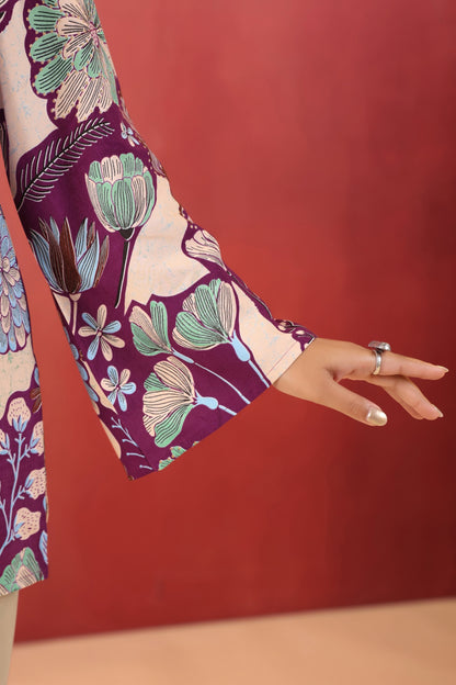 Rimeline Women Purple Floral Printed V-Neck Cotton Short Kurti