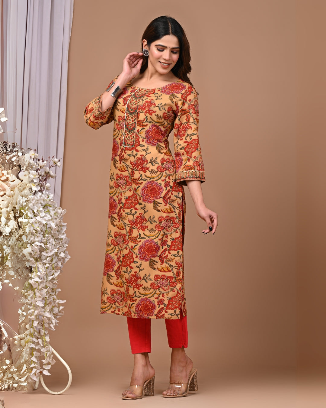 RimeLine Floral Printed Round neck kurti for women