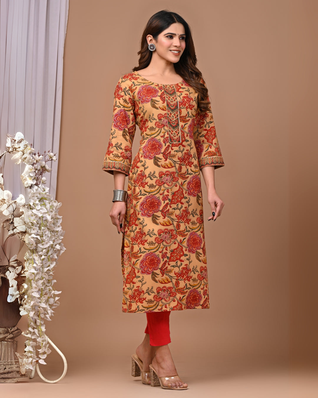 RimeLine Floral Printed Round neck kurti for women