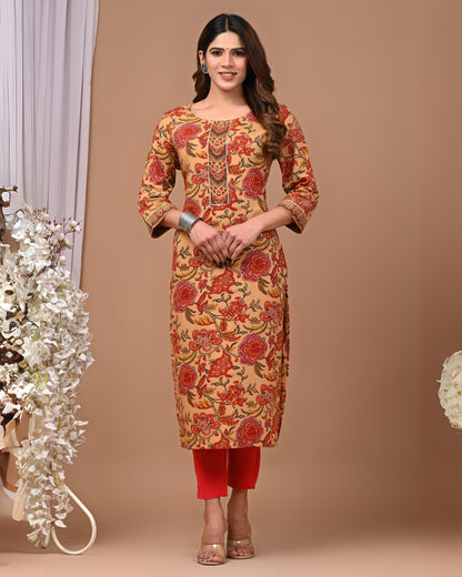 RimeLine Floral Printed Round neck kurti for women