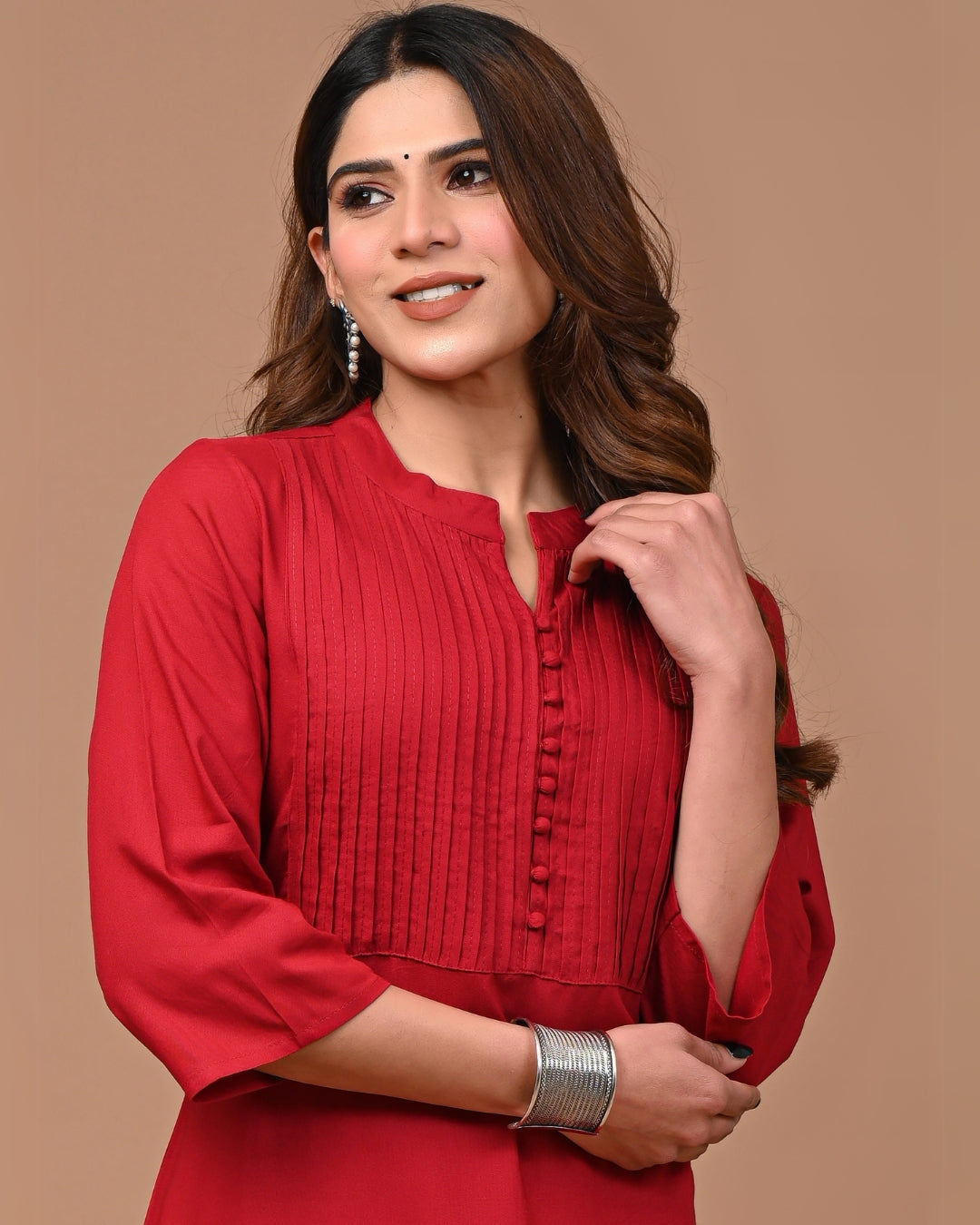 RimeLine Maroon Mandarin neck kurti for women