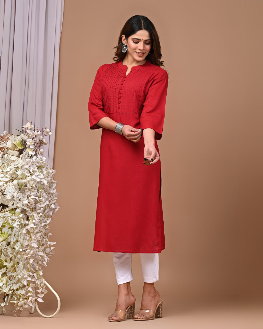 RimeLine Maroon Mandarin neck kurti for women